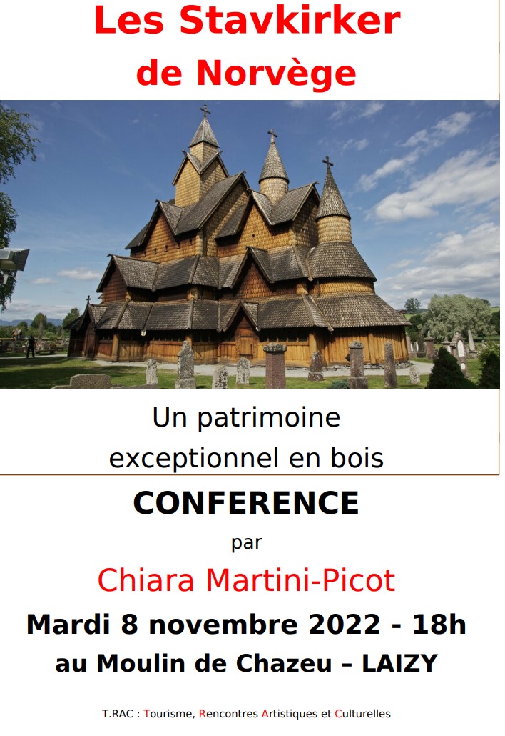 conférence sur les églises en bois de Norvège, par Chiara Martini-Picot, prévue le mardi 8 novembre à 18h.
