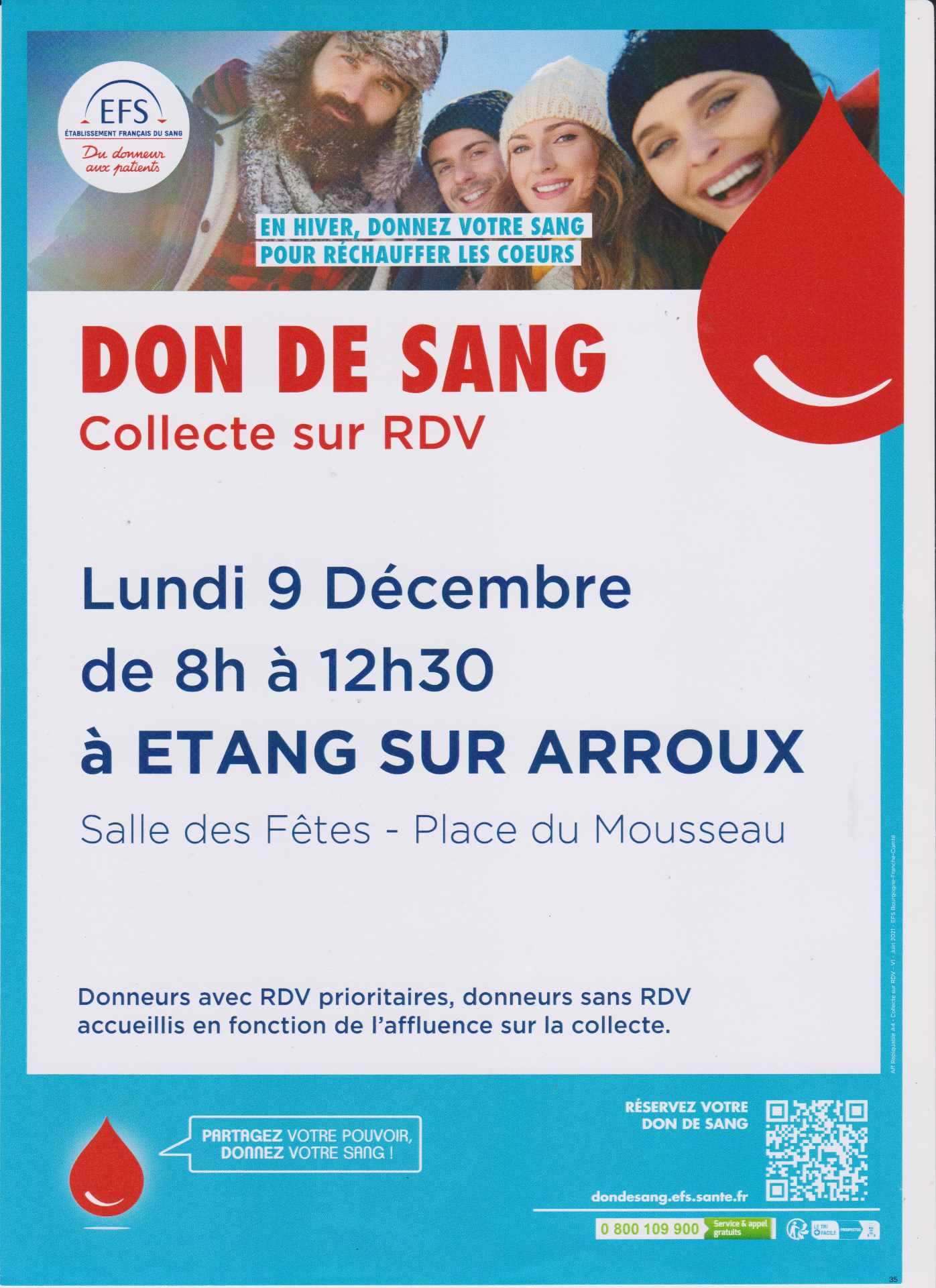 Don du sang à la salle des fêtes d' Etang le 9 décembre 2024