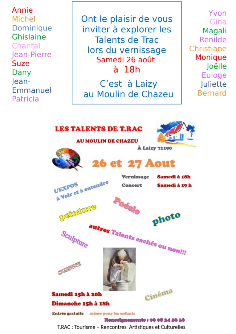 Biennale des "Talents de TRAC" - 26 et 27 août au Moulin de Chazeu
