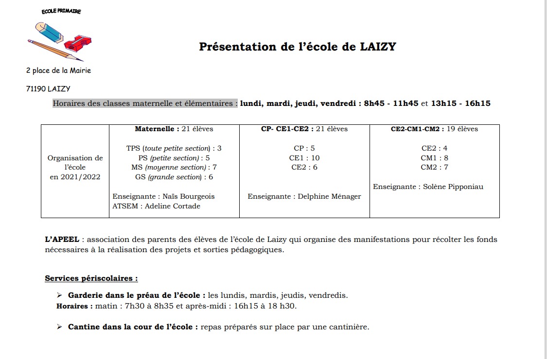 Inscription école de Laizy rentrée 2022/2023
