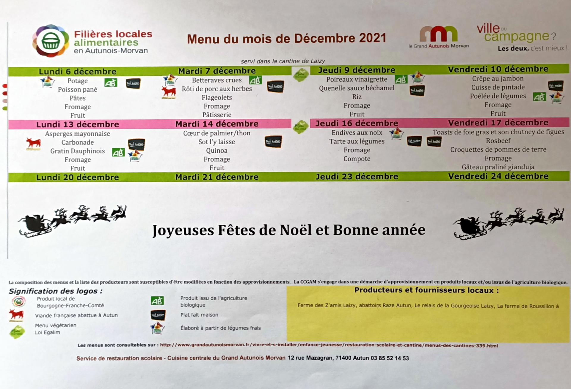 Menu de décembre 2021 de la cantine de Laizy