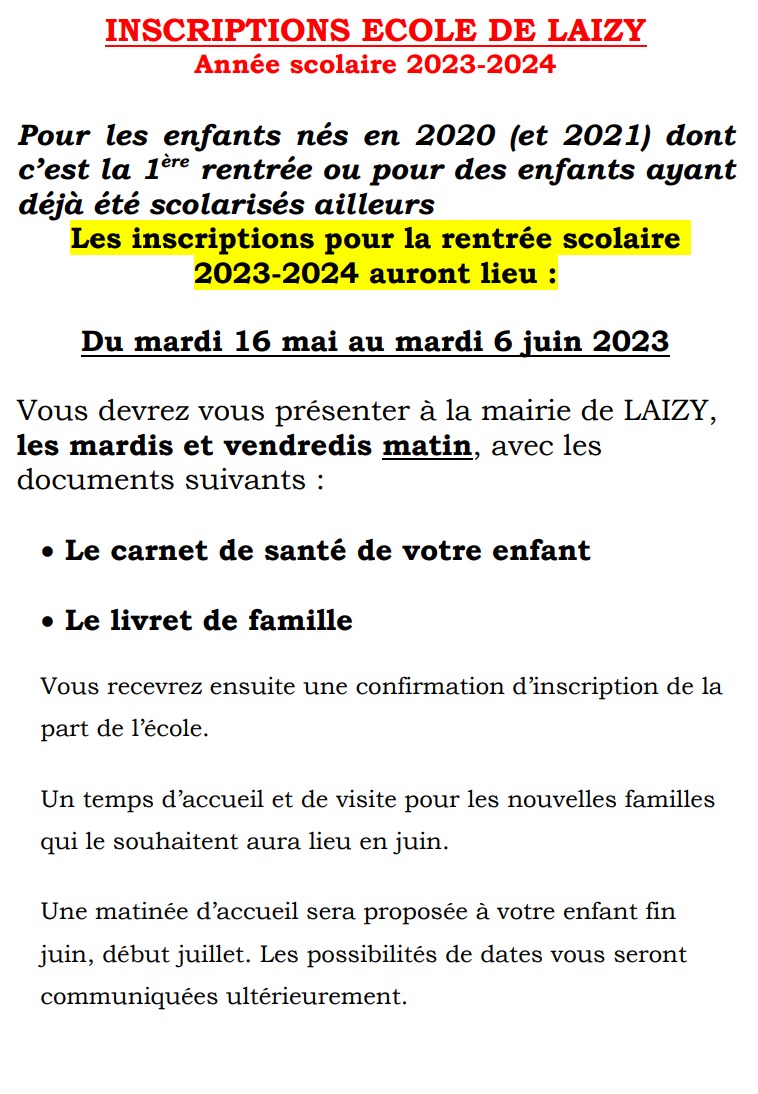 INSCRIPTIONS ECOLE DE LAIZY Année scolaire 2023-2024